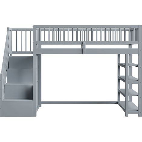 Lit mezzanine multifonction 90 x 200 cm en bois massif avec armoire, étagères et rangement, gris (1/5)