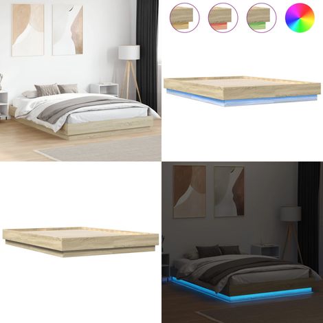 Bettgestell mit LED Sonoma-Eiche 160x200 cm - Holzbettfassungen - Bettsystem - Lattenrost - Schlafzimmermöbel - Sonnenholzböden - Home & Living (1/5)