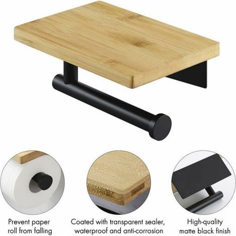 1 Porte-rouleau papier toilette, étagère bambou, fixation adhésive sans perçage, acier inoxydable noir, salle de bain (1/4)