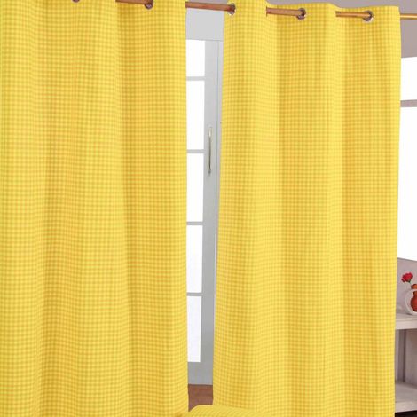 HOMESCAPES Yellow Cotton Gingham Eyelet Curtains 117 x 137 cm