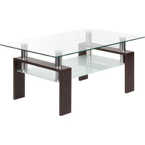 MOG CASA Mesa de Centro Café Porter Auxiliar de Salón Nogal, Nuez/Marrón con 2 Estantes de Vidrio Templado con Repisa Marco de Acero Inoxidable y Patas de Metal Estilo Moderno 43,8 x 100 x 59,5cm
