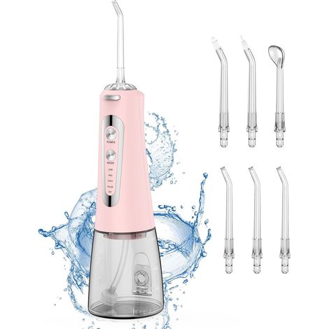 Jet Dentaire Hydropulseur Portable, Jet Dentaire Sans Fil Rechargeable avec 5 Mode set 6 Buses Capacité de 300 ML IPX7 Étanche Pour La Maison et Les Voyages Mm (1/5)