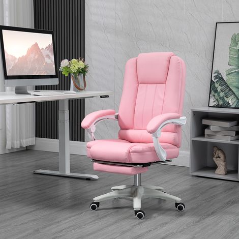 Sedia da ufficio con poggiapiedi, schienale regolabile, altezza regolabile, 5 ruote, rosa + bianco
