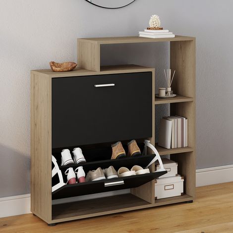 Mueble zapatero KLARK imitación haya 2 puertas negras con estantes