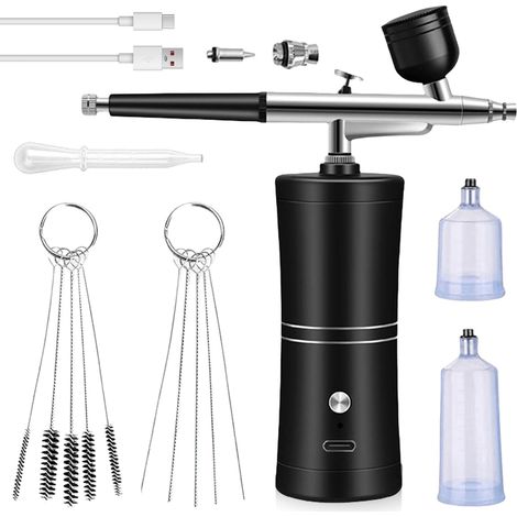 Kit Aérographe Avec Compresseur, Aerographe Kit Complet, Kit Aérographe Portable Sans Fil, Rechargeable USB, Injecteur D'Oxygène, Pour Nail Art, Tatouages, Maquillage, Modélisme (Noir) (1/5)