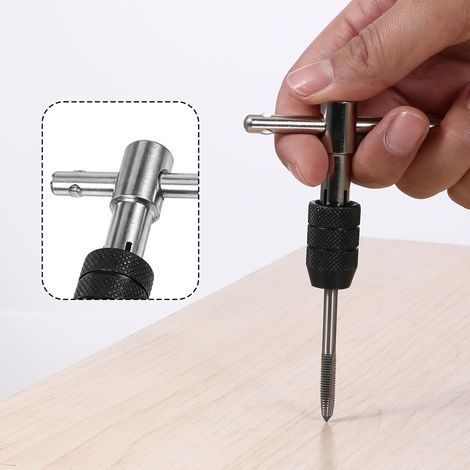 Clé à cliquet argentée à poignée en T pour outils de taraudage, jeu d'outils de taraudage 6 pièces, manuel réglable avec tarauds M3, M4, M5, M6, M8, taraud en T à filetage métrique pour métal, alumini (1/5)
