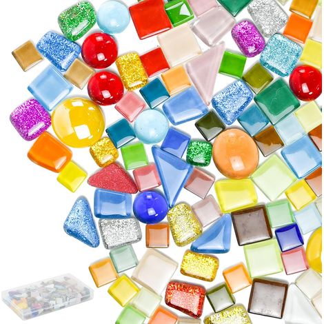 240g Pierres de Mosaïque, 1cm-2.6cm Carrelage Mosaique Verre Tesselles en Verre Colorées Mini Carreaux de Mosaïque avec Boîte Transparente pour Bricolage, Artisanat, Décoration, Cadre Photo (1/5)