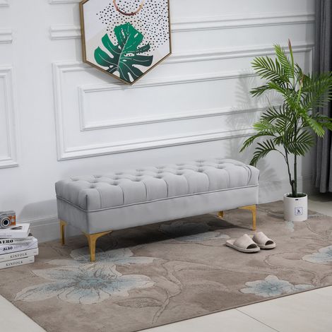 Banco de dormitorio con funda acolchada, banco tapizado en terciopelo con patas metálicas para recibidor, pasillo y sala de estar, 118x45x42 cm, gris.