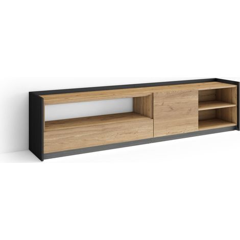 Skraut Home - Mueble TV, Televisión, Muebles de salón, almacenaje, 207x37x50cm, Para TV hasta 80", LED, Estilo Moderno, Roble y negro (1/5)