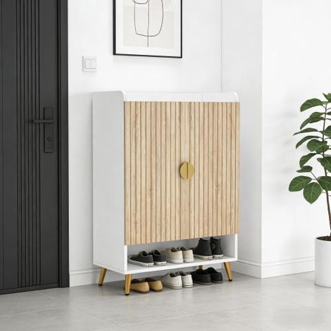 Meuble à chaussures 2 portes avec étagère ouverte, 7 niveaux, 22-25 paires, en bois et métal, blanc