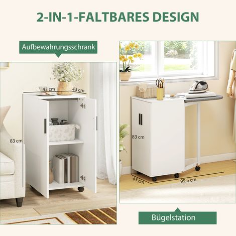 Table de repassage pliable 2-en-1 sur roues, avec planche à repasser et étagère ajustable pour petits espaces, blanc (1/4)