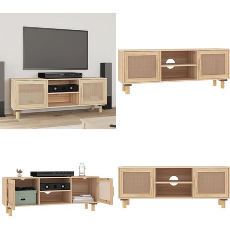 Mueble para TV madera maciza pino y ratán natural 105x30x40 cm - Madera maciza - Ratán natural