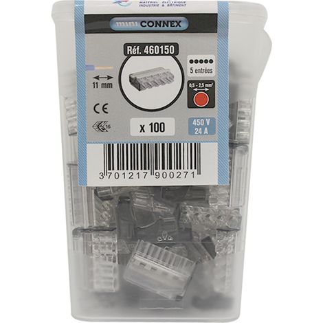 Lot de 100 bornes de connexion automatique 5 fils – Capacité 1 à 2,5 mm² – Tenue au fil incandescent 960°C – Homologations NF CE UL – BLM