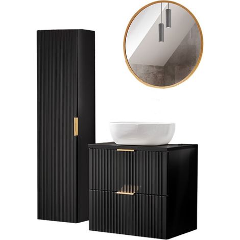 Mobile sottolavabo NOXERA 60 cm – Nero opaco – Lavabo + specchio LED + colonna sospesa