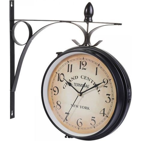 Horloge murale double face, horloge de jardin rétro européenne avec double surface en verre, horloge de décoration vintage suspendue avec support, intérieur extérieur (sans pile) (1/5)