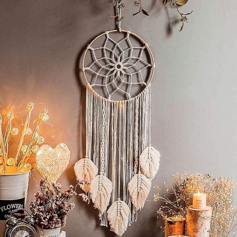 1 attrape-rêve en macramé, décoration murale bohème, diamètre 30 cm, longueur 95 cm, corde coton, anneau métal, perles bois (1/5)