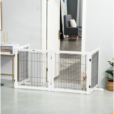 Barriera di sicurezza pieghevole per cani in legno e acciaio, 4 pannelli, bianca (1/5)