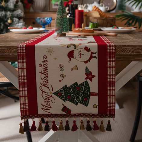 Camino de mesa navideño, mantel de algodón con borlas, ideal para el invierno (35 x 180 cm) (1/5)