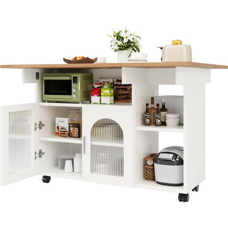 Mittelkücheninsel, Servierwagen mit klappbaren Ablagen, multifunktionales Küchenmöbel mit 2 Türen und Regalböden, 120×30×79,5 cm, Weiß