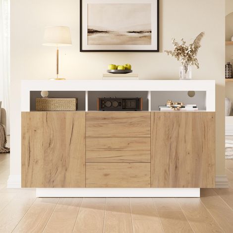 Sideboard kommode anrichte 140x40x85 cm für wohnzimmer flur küche mit 3 schubladen und 2 türen moderner stil holz und weiß (1/5)