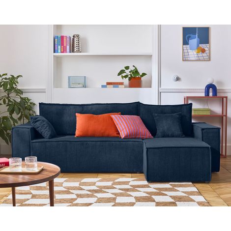 Bestmobilier – Canapé d'angle réversible 4 places convertible avec coffre – Velours côtelé 100% polyester – Dimensions 244x145cm – Bleu ardoise (1/5)
