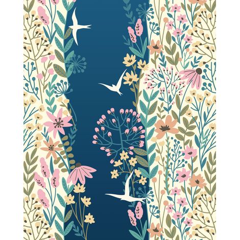 papier peint panoramique fleurs et oiseaux multicolore - Komar (1/3)