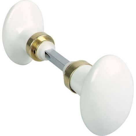 Bouton de porte double ovale en porcelaine – Décor blanc et laiton – Dimensions 64 mm x 40 mm – Pour installation sans rosace – Merigous