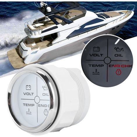 52 mm/2 Zoll Multifunktions-Anzeige mit 4 LEDs für Alarm, Volt, Wassertemperatur und Öldruck (12/24 V) für Boote, weißes Zifferblatt, silberne Abdeckung