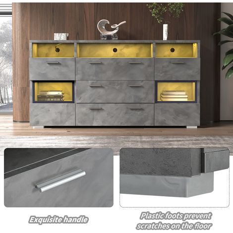 Meuble de rangement moderne avec éclairage LED, 140 cm, gris, portes acryliques transparentes, 2 portes, 3 tiroirs + espace ouvert, buffet, armoire d'angle, meuble bas. (1/5)