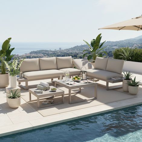 Salon de jardin canapé d'angle inclinable 5 positions, 2 tables basses, acier galvanisé, mobilier terrasse balcon jardin extérieur, beige et kaki
