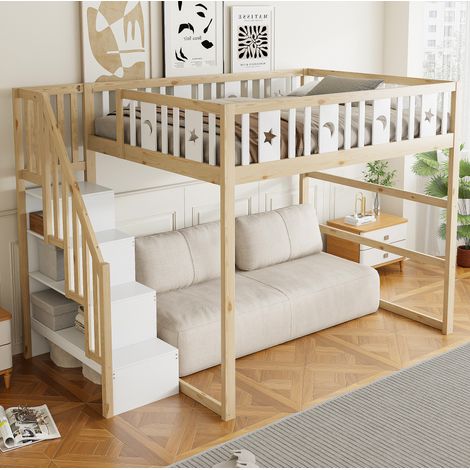 Etagenbett 140x200 cm Natur/Weiß Massivholz mit Treppe, Regal, Sicherheitsgeländer und Stern-Mond-Ausschnitten (1/5)