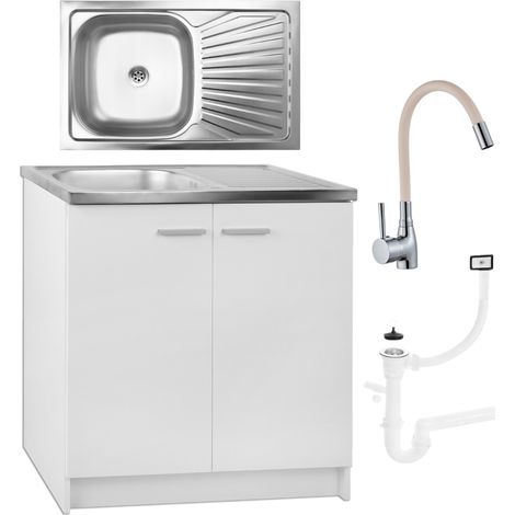 STAMAR Küchenunterschrank mit Spüle - 80 cm - Weiß - Elegantes Design - Komplettset mit Armatur