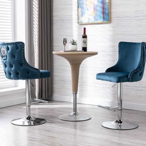 Wahson Velvet Bar Stools Set of 2 – Modern Height Adjustable Swivel Counter Chairs with Lion Knocker Design, for Home Bar & Kitchen, Blue