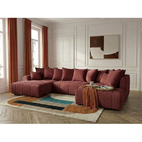 BOBOCHIC - Canapé panoramique convertible ROXELANE tissu bouclette Angle gauche Rouge (1/5)