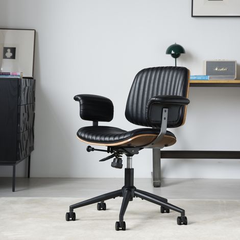 Sedia ufficio ergonomica girevole con rotelle, cuoio rigenerato nero, braccioli imbottiti e base in metallo, altezza regolabile per home office moderno - CHICFURN (1/5)