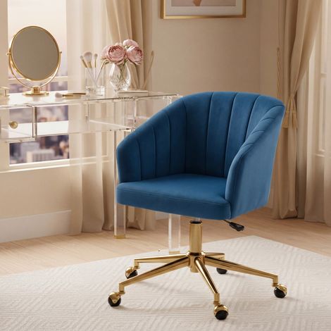 Silla de Oficina con Ruedas de Terciopelo con Respaldo Acolchado Altura Ajustable Espuma Alta Resiliencia Azul (1/5)
