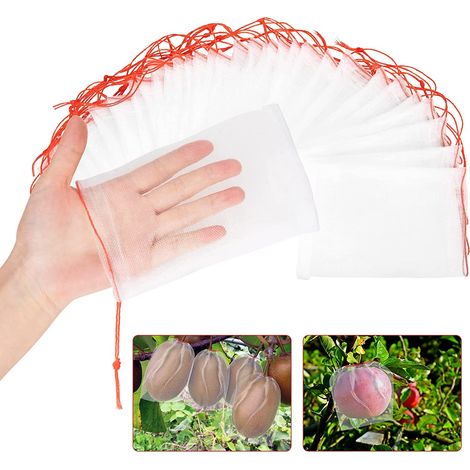 Sac de protection de fruits 100pcs 15X10cm, sac de jardin en filet avec cordon de serrage, sac de barrière en filet pour protéger les fruits et légumes (1/5)