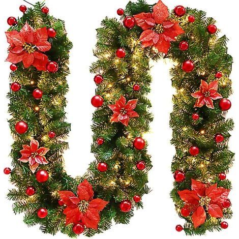Guirlande de Noël, Couronne de Noël de 2,7 m avec 30 LEDs, pour la cheminée, Les escaliers, Les fenêtres, l'arbre de Noël, la fête de Noël, la décoration de la Maison (Rouge) (1/5)