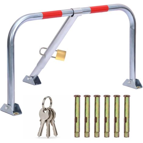 Relaxdays Arceau de parking rabattable et verrouillable, acier, H x L x P : 43 x 76 x 41 cm, cadenas, argent/rouge (1/5)