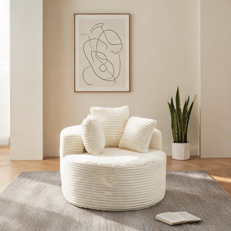 Fauteuil rond en tissu cord beige avec 3 coussins diamètre 110 cm (1/5)