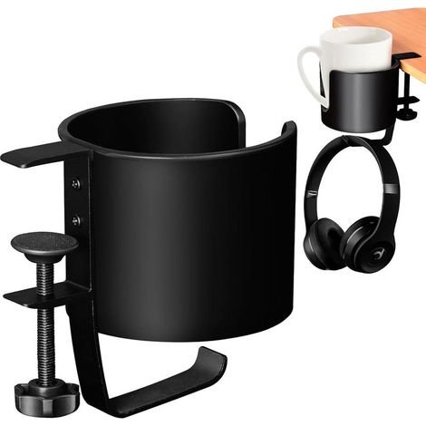 Porte Gobelet Bureau 2 en 1 avec Support Casque Gamer,Crochet pour Casque sous Bureau,Porte Gobelet Anti-déversement pour Bureau ou Table,Facile à Installer (1/5)