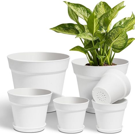 Blumentopf-Set mit Untersetzer, 6 Stück, Weiß, 4 Größen, Kunststoff, mit Drainage (1/5)
