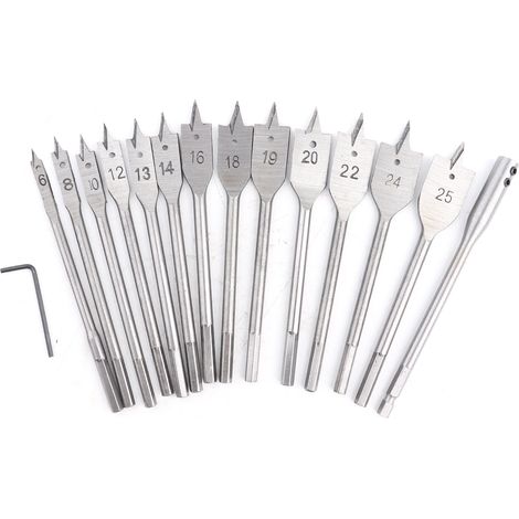 Set mit 15 flachen, sechseckigen Schaftbohrern aus Kohlenstoffstahl von 6 bis 25 mm für Holzbohrer