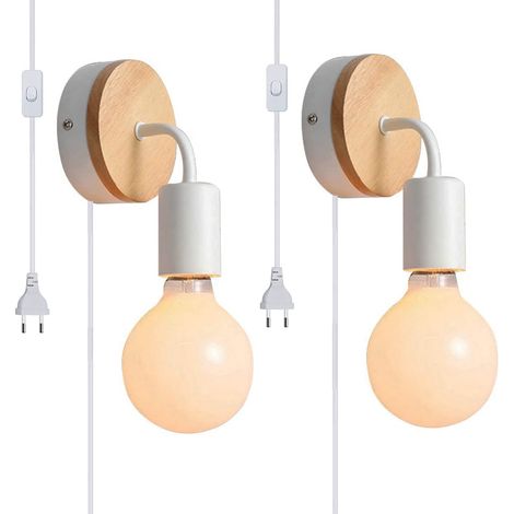 2x Applique murale design rétro industriel avec interrupteur 1.8M corde, Lampe de mural en bois et métal douille E27 éclairage salon chambre,Blanc (1/5)