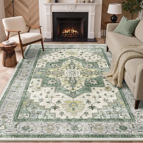 Tapis Salon Vintage 200x290cm Lavable en Machine Rug Grand AntidéRapant Poil Ras, pour Chambre Salle a Manger Descente de Lit Bureau, Cuisine, Vert Sauge Délavé (1/5)