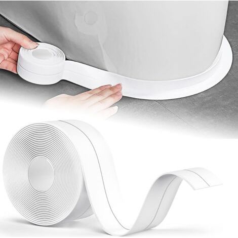 Mastic silicone blanc pour salles de bains, joint de baignoire 5 m x 38 mm, ruban d'étanchéité, résistant aux moisissures et imperméable, auto-adhésif, flexible, convient pour les plinthes, la (1/5)