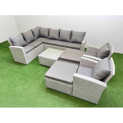 Fimous Outdoor Rattan Garden Furniture Set 10 Seater Corner Sofa Sets with Square Coffee Table Chair Big Footstools Light Grey Mixed (1/5)