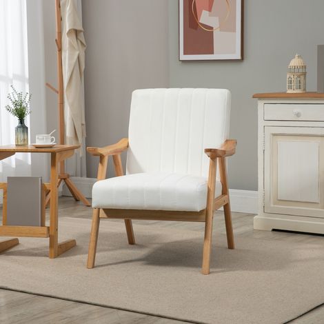 Poltrona imbottita dal design scandinavo, effetto velluto, struttura in legno massello, 68 x 74 x 82 cm, naturale + crema (1/5)