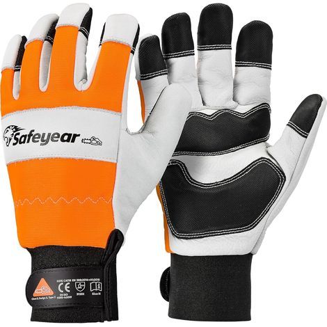 Gants de tronçonneuse, taille M, cuir de vachette blanc et PVC renforcé, absorption des chocs EVA, orange fluorescent réfléchissant, main gauche sûre pour tronçonneuse (1/5)