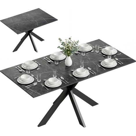 Table à manger extensible - HOMCOM - pour 4 à 8 personnes - plateau effet marbre, pieds croisés en acier - bois - 160x80x75cm - noir (1/5)